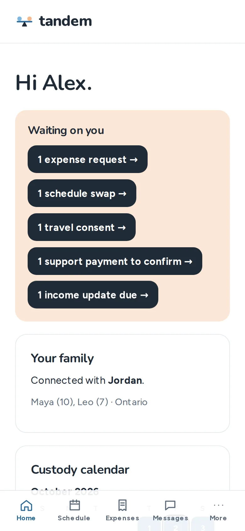 Tandem app screen: Your custody calendar, built from your plan